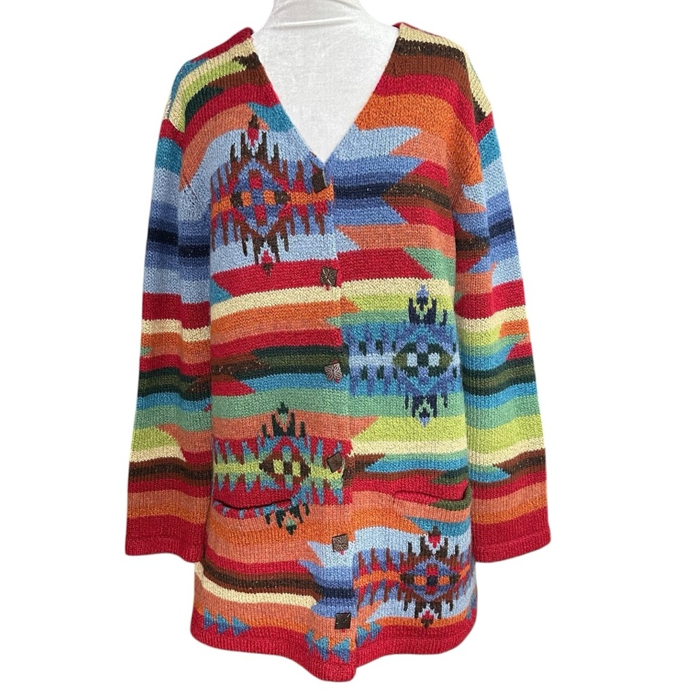 Northern Isles Colorful Aztec Patterned Cardigan Sweater. Size XL
